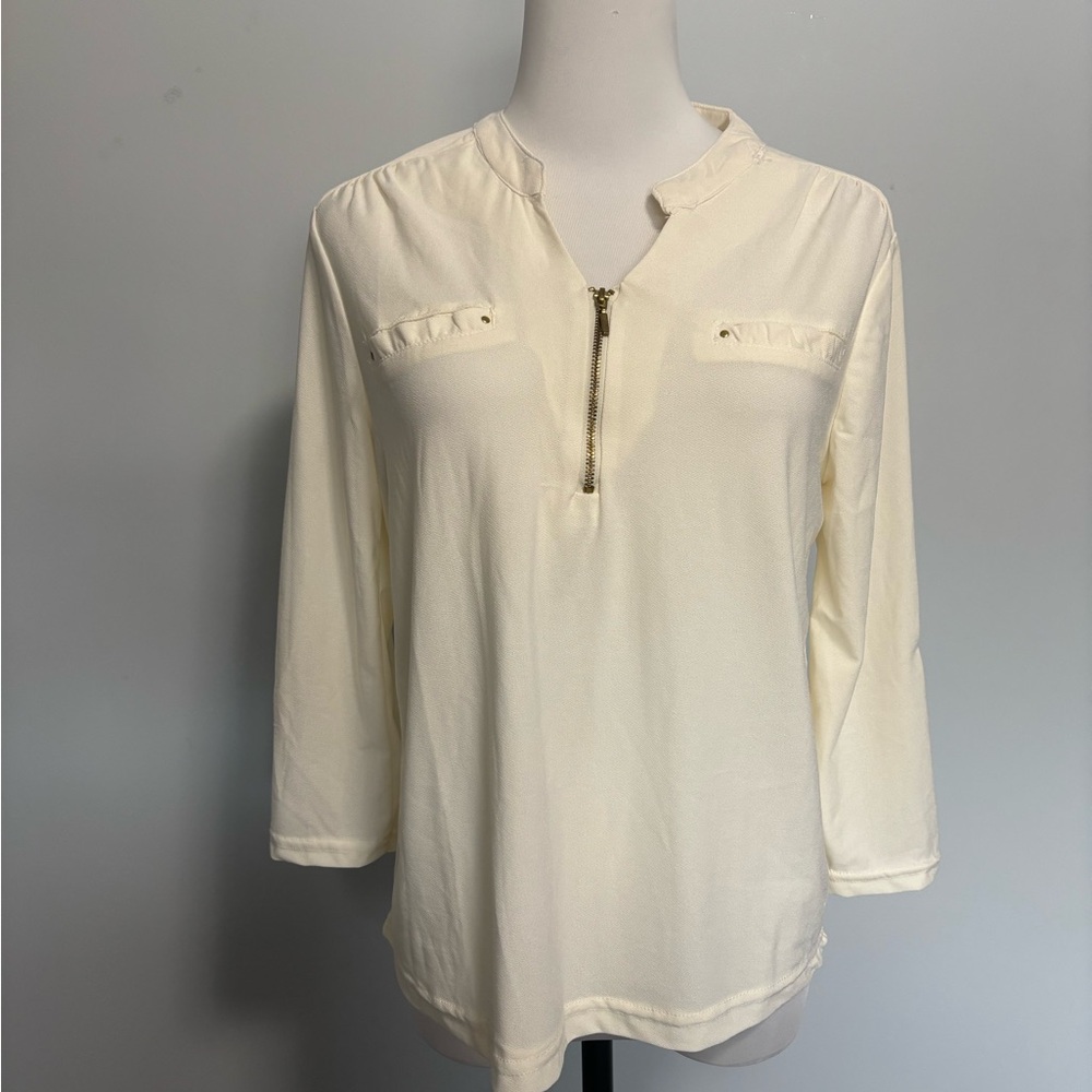 INC International Cream Zip-Front Blouse 3/4 sleeves
